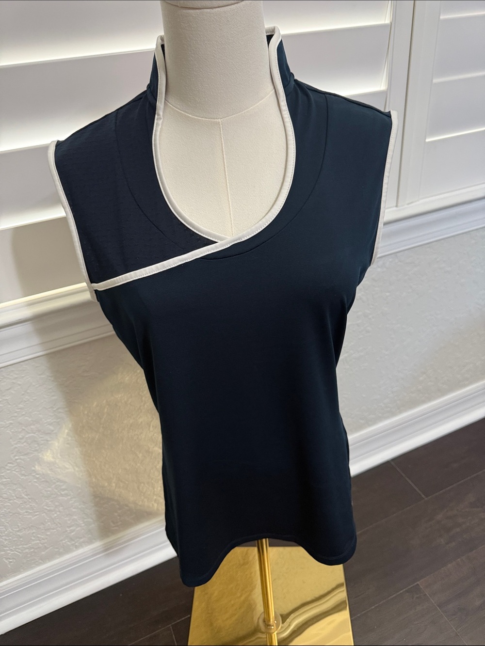 Sleeveless Golf Navy Tank with White Piping - Asymmetrical Trim